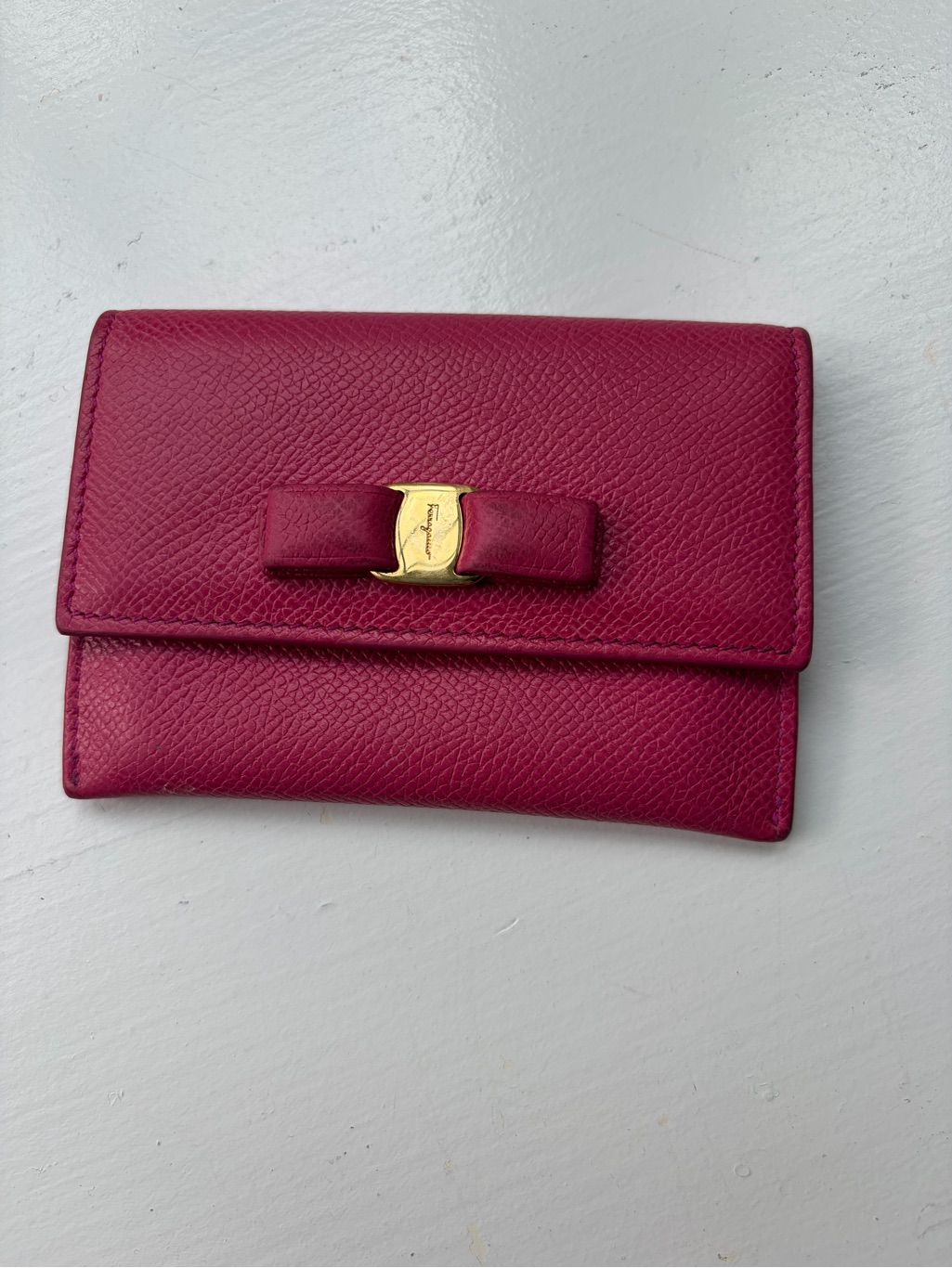 Salvatore Ferragamo Fuchsia Leather Vara Bow Clutch With Gold Accent